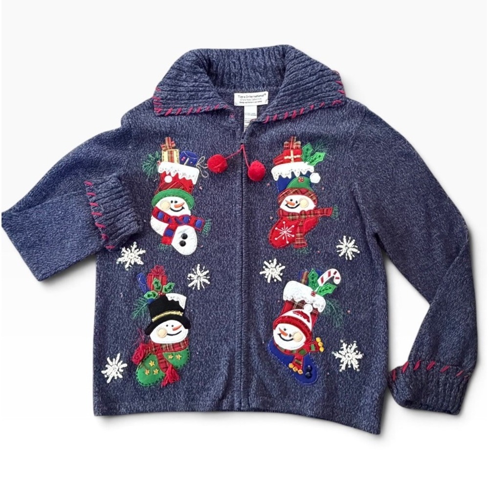 Tiara International Cardigan Sweater XL Snowmen Full Zip Beaded Embroidered Ugly